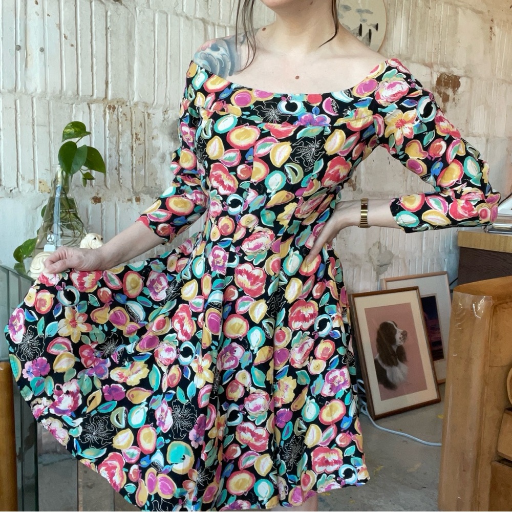 Early 90s Vintage Fruit Print Off-The-Shoulder Fit & Flare Dress